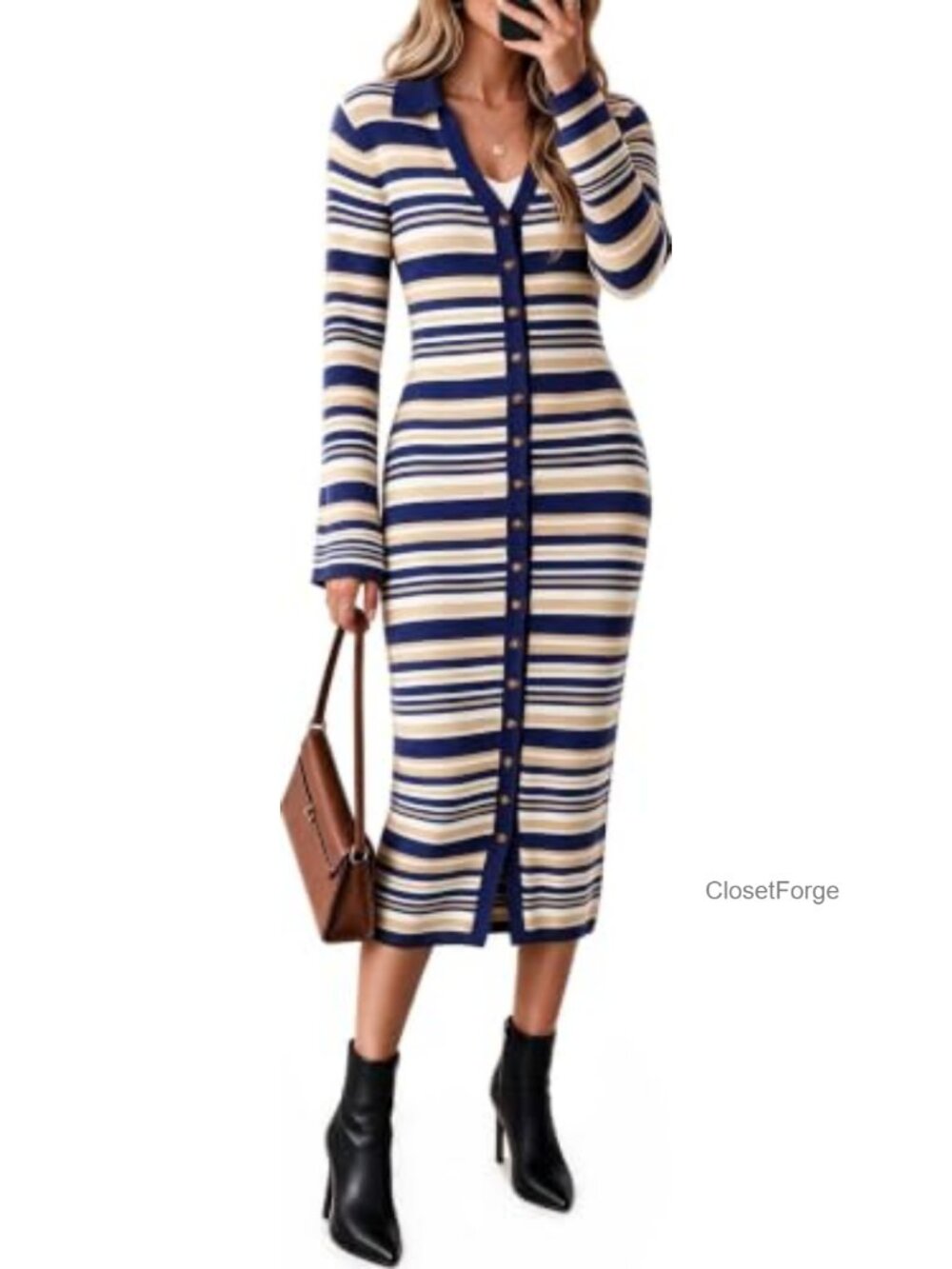 Striped Button Down Knit Sweater Dress Polo Collar Midi Bodycon Long Sleeve